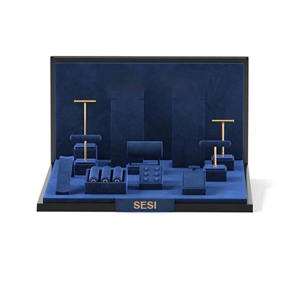Espositore per gioielli in microfibra blu Navy con Logo personalizzato SESI OEM per esposizione di gioielli con finestra ad anello per collana con bracciale a catena