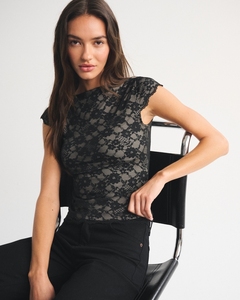 Leduo Customized <b>Women</b> Flower Pattern Lace Cap Sleeve <b>Top</b> Boat Neck Slim Fit Sheer <b>Mesh</b> Casual Daily Wear Blouse - Product Image 1