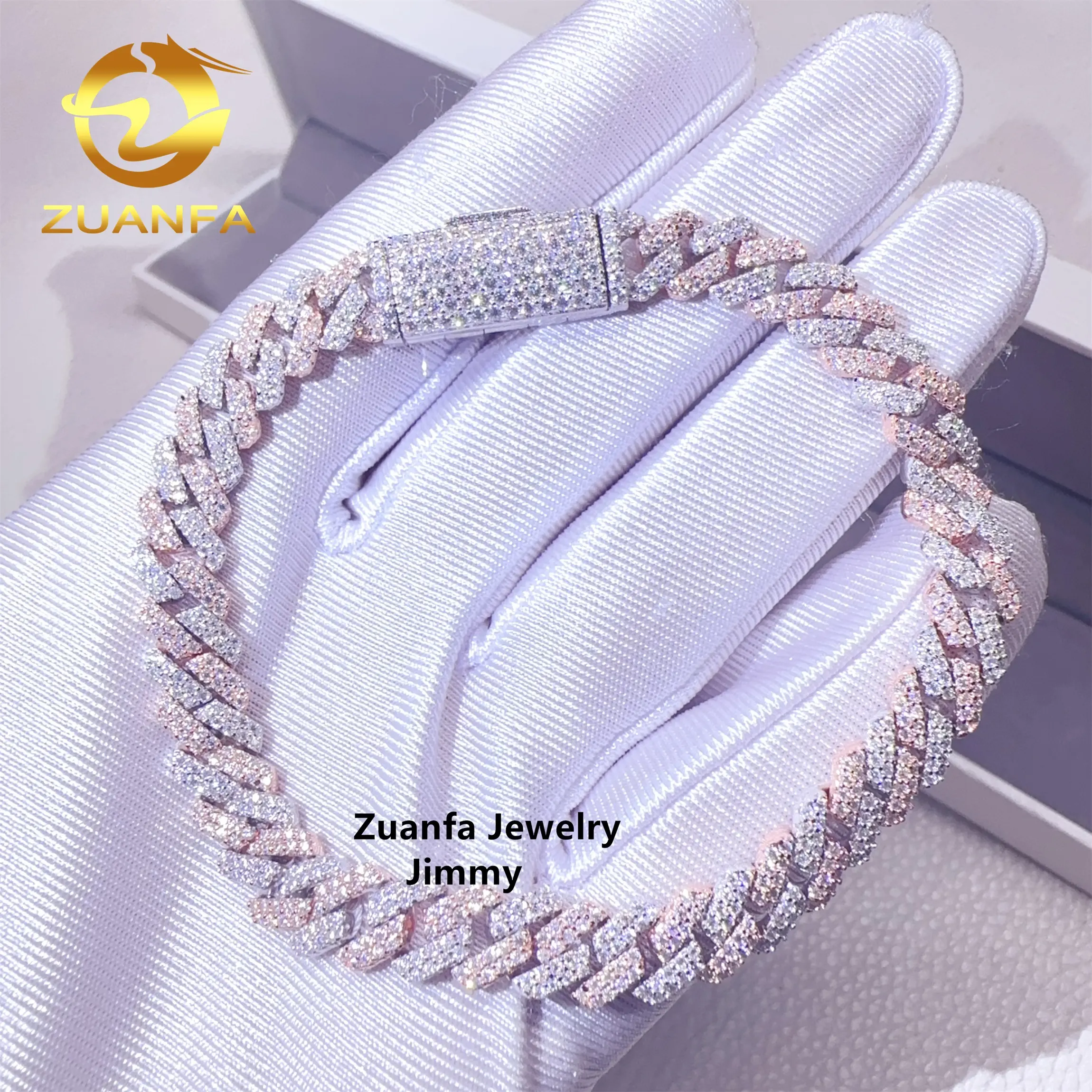 Two Tone Color 8mm 2 Rows 925 Solid Silver Iced Out Hip Hop Jewelry VVS1 Moissanite Diamond Cuban Link Chain Bracelet Men