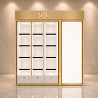 Vitrine modulaire avec cadre or rose, étagères rétroéclairées par LED, présentoir de luxe avec panneau lumineux et unité de rangement à tiroirs verrouillables