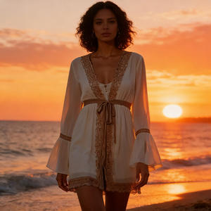 Oferta especial en Temu: Mono playero bohemio para mujer con cuello en V profundo, manga larga acampanada, ribete de encaje y cinturón ancho, ideal para el verano. - Product Image 5