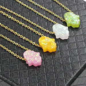 New arrival bijoux en aci inoxyd 9 colors synthetic opal hamsa hand pendant necklace