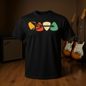 T-shirt rétro à manches courtes et col rond avec motifs de plectres de guitare électrique, unisexe, pour adulte, vêtement promotionnel - Product Image 2