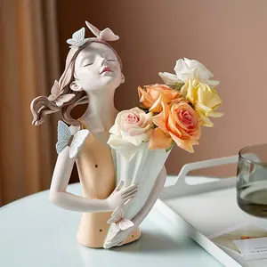 蝴蝶女孩花瓶雕塑模型现代树脂花瓶插花家居装饰客厅雕塑雕像家居礼品