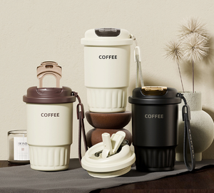 แก้วกาแฟสแตนเลสแบบพกพา ฉนวนกันความร้อนสองชั้น พร้อมหลอดดูดและสายคล้องคอ ป้องกันการรั่วซึม เก็บอุณหภูมิได้ดี - Product Image 1