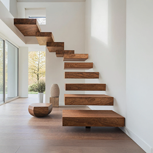 <span class=keywords><strong>Escaleras</strong></span> Flotantes de Madera Maciza Modernas para Interiores, Prefabricadas, con Barandilla de Vidrio, <span class=keywords><strong>Escaleras</strong></span> Rectas en Voladizo con Peldaños de Madera con Luces LED - Product Image 1