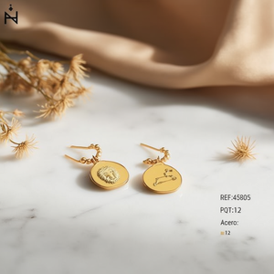 Pendientes Colgantes Angelina Leo Zodiac de 12 mm, Chapados en Oro de 22k, Clásicos, Unisex, para Uso Diario - Product Image 2
