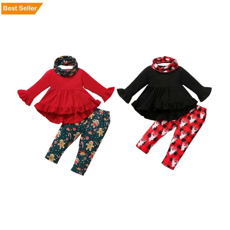 Christmas Toddler Girls Kids Flared Sleeve Tunic Blouse Snowman Leggings Scarf 3Pcs Outfits