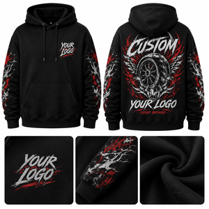Sweat à capuche de motard personnalisé, épais et oversize, avec motifs sur les manches et grand graphique de roue arrière, style streetwear pour hommes - Product Image 2