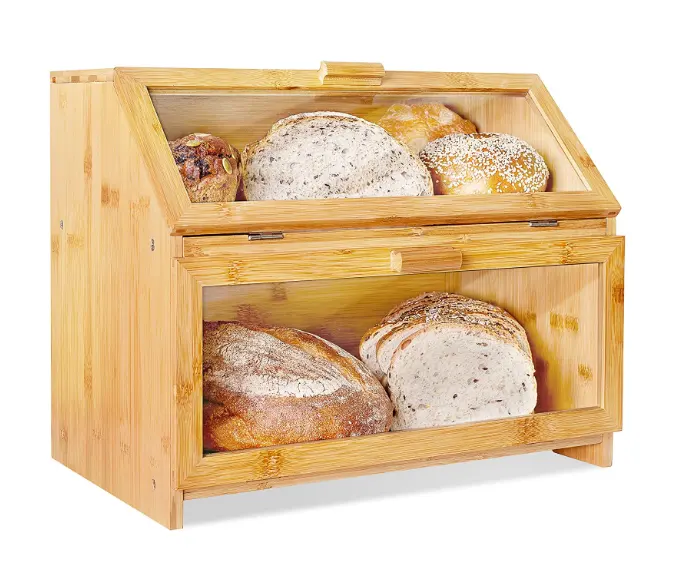 Haus und Küche Roll-Top-Lebensmittel vorrats behälter Double Layer große Bambus holz Brotbox für zu Hause