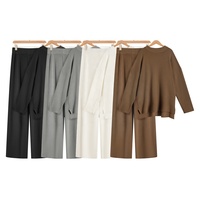 Ensemble deux pièces côtelé pour femme de haute qualité, effet cachemire, mélange de laine, pull col rond et pantalon, vente en gros, prix d'usine
