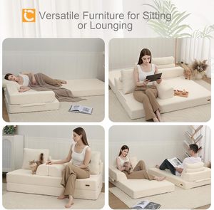 Canapé-lit <span class=keywords><strong>convertible</strong></span> en velours côtelé 2 places, matelas coussin de sol pliable avec oreillers, design sans armature pour salon et chambre - Product Image 6