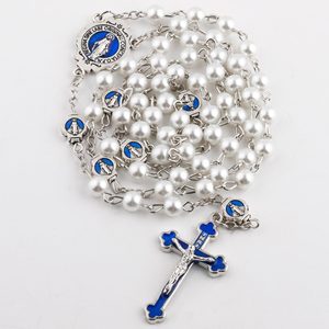 Collier chapelet avec <span class=keywords><strong>croix</strong></span> de la Vierge Marie et du <span class=keywords><strong>Christ</strong></span>, chaîne à maillons longs, perles imitation perle, bijoux chrétiens - Product Image 5