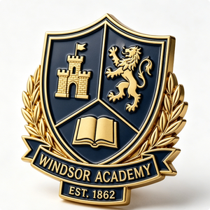 Windsor Academy <b>Badge</b> Gold Plated Zinc Alloy 3D Embossed Emblem Art Collectible Established 1862 - Product Image 4