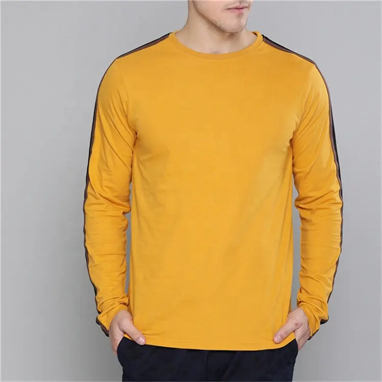 Summer Leisure Round Neck Two Tone Striped Long Sleeves Fitted Cotton Men T Shirt