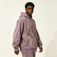 Sweat à capuche zippé à ourlet brut, imprimé artistique Kornit DTG motif ailes de feu, effet vieilli vintage, délavé à la pierre, coupe oversize
