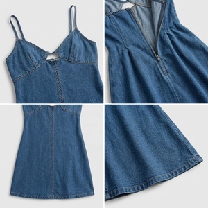 Женское синее джинсовое мини-платье SHENGFU на бретельках, без рукавов, А-силуэт, повседневное летнее короткое джинсовое платье с декоративной строчкой - Product Image 3
