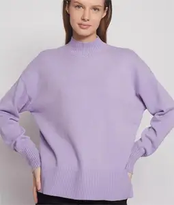 Women Winter Clothing 2024 Comfort Mock Neck Sweater Women Custom Design Split Oversized Knit Polyester Sweater For Women