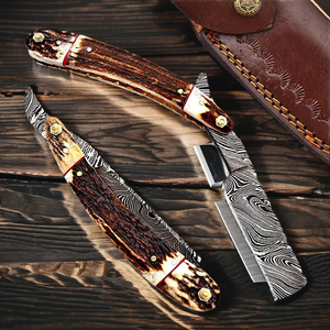 มีดโกนเหล็กดามัสกัสทำมือ ใบมีดคมเดียว ด้ามจับทำจากเขาสัตว์ จับถนัดมือ แถมปลอกหนัง ของขวัญสำหรับเขา - Product Image 2
