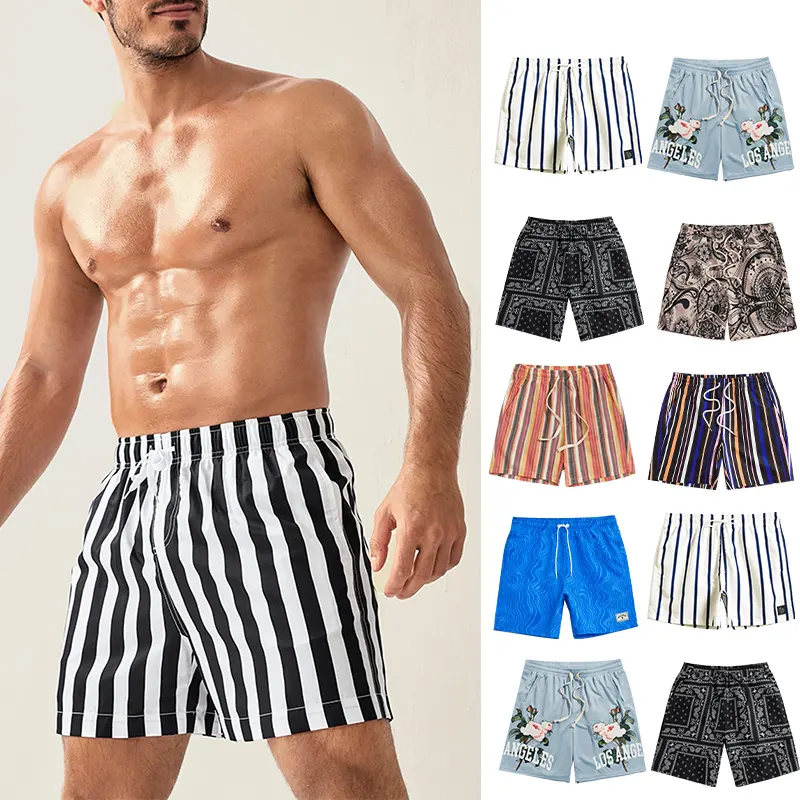 2023 Custom summer Beach Shorts printing stripe swim trunk Fashion Men Striped Drawstring Waist Swimwear