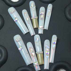 Prix d'usine – Faux ongles de luxe en acrylique, longs, rose, pleine couverture, faits à la main, à presser, avec strass étoiles – Vente en gros - Product Image 1