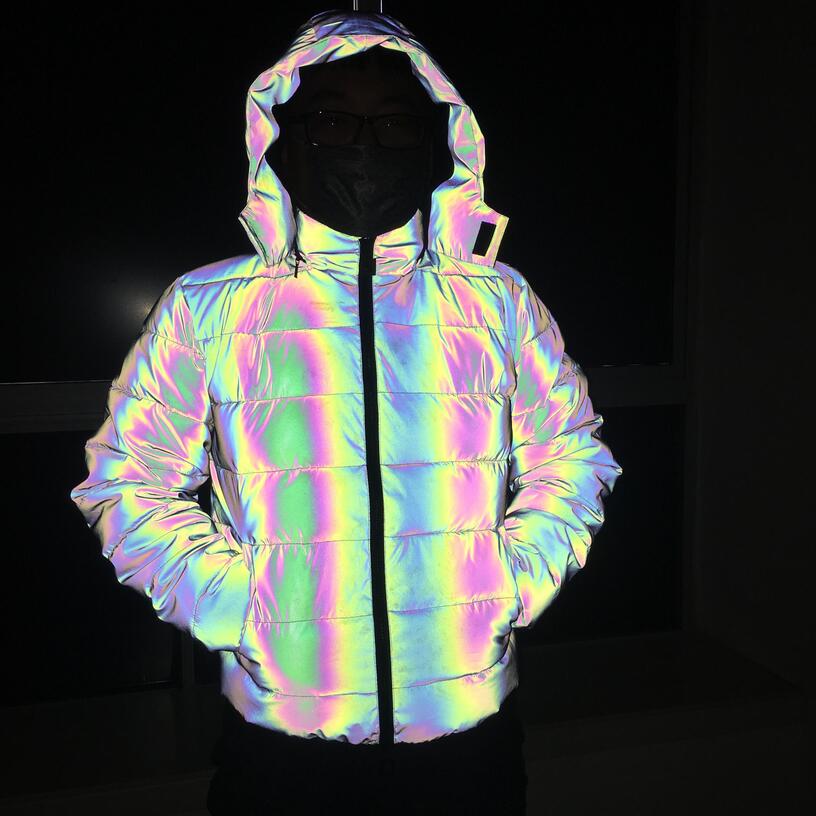 low MOQ trend winter warm hi visible running thick unisex noctilucent rainbow reflective down puffer bubble hooded jacket coat