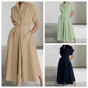 Women's Elegant Lapel Collar Shirt <strong>Dress</strong> Short Sleeve Elastic High Waist Pocketed Flared Midi <strong>Dress</strong> Solid Summer Casual <strong>Dress</strong> - Product Image 2