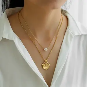 Mode Edelstahl vergoldete Halskette Kreative alte römische Münze und Perle Doppels chicht Halskette