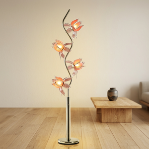 Lámpara de pie de lujo con forma de loto, 4 flores de loto brillantes, tallo dorado curvo, luz LED cálida y romántica para decoración de villas y B&B - Product Image 1