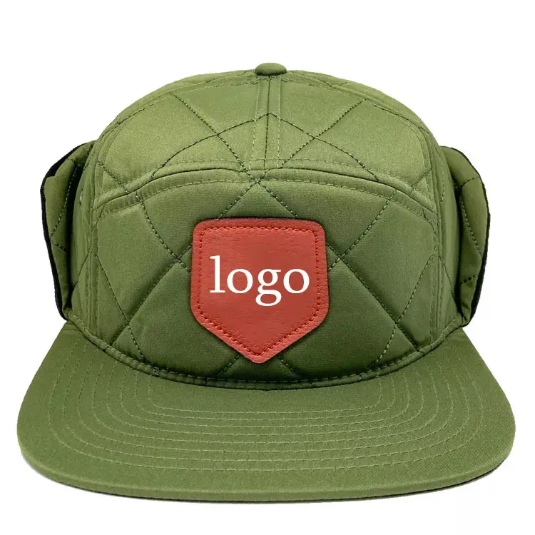 Winter Warme Mannen Groen Vintage Katoen Oorklep Cap Aanpassen Logo 5 Panel Snap Back Hoeden Met Touw