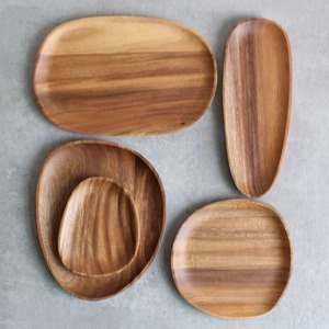 Ensemble de plateaux de service en bois massif, finition naturelle faite à la main, pour collations, fruits, desserts, bois d'acacia, style japonais - Product Image 1