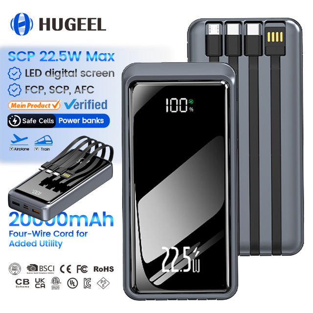 20000mAh Portable Power Bank 10000mAh 22.5W PD Fast Charging LED Display Battery Pack With 4 USB Type C Android Cable for Phone
