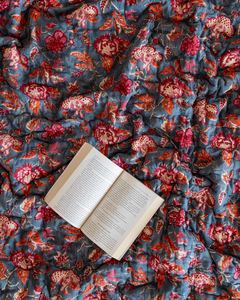 Indian Hand Block Print Stone Blue Cotton <b>Quilt</b> Floral Bedspread Queen Size Comforter Summer Blanket - Product Image 1