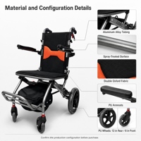Fauteuil roulant manuel pliable avec roue arrière en PU de 12 pouces, cadre en aluminium et siège double en tissu Oxford