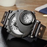 Montre-bracelet Oulm 9591 à deux fuseaux horaires, bracelet en cuir décontracté, grande taille, montres de sport uniques, montre à quartz pour homme