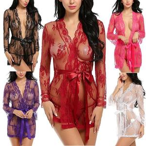 2-piece Transparent Lace Sexy Robe Nightgown Plus Size Women's Sleepwear With Panty - Product Image 1