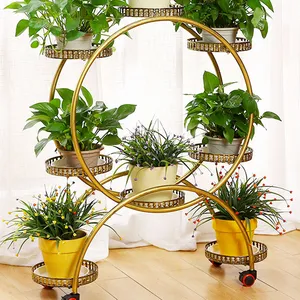 Fashionable design round shelf white black iron material 5 layers 3 tier plant flower shelve with wheel