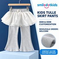 Pantalon évasé personnalisé Smiledotkids pour enfants, gris, côtelé, avec volants en tulle à la taille, OEM ODM, pour petites filles, vente en gros