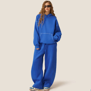 Conjunto Deportivo Unisex Azul con Capucha, Pantalones Largos, 100% Algodón, Corte Holgado, Estilo Casual Lavado para Otoño - Product Image 2