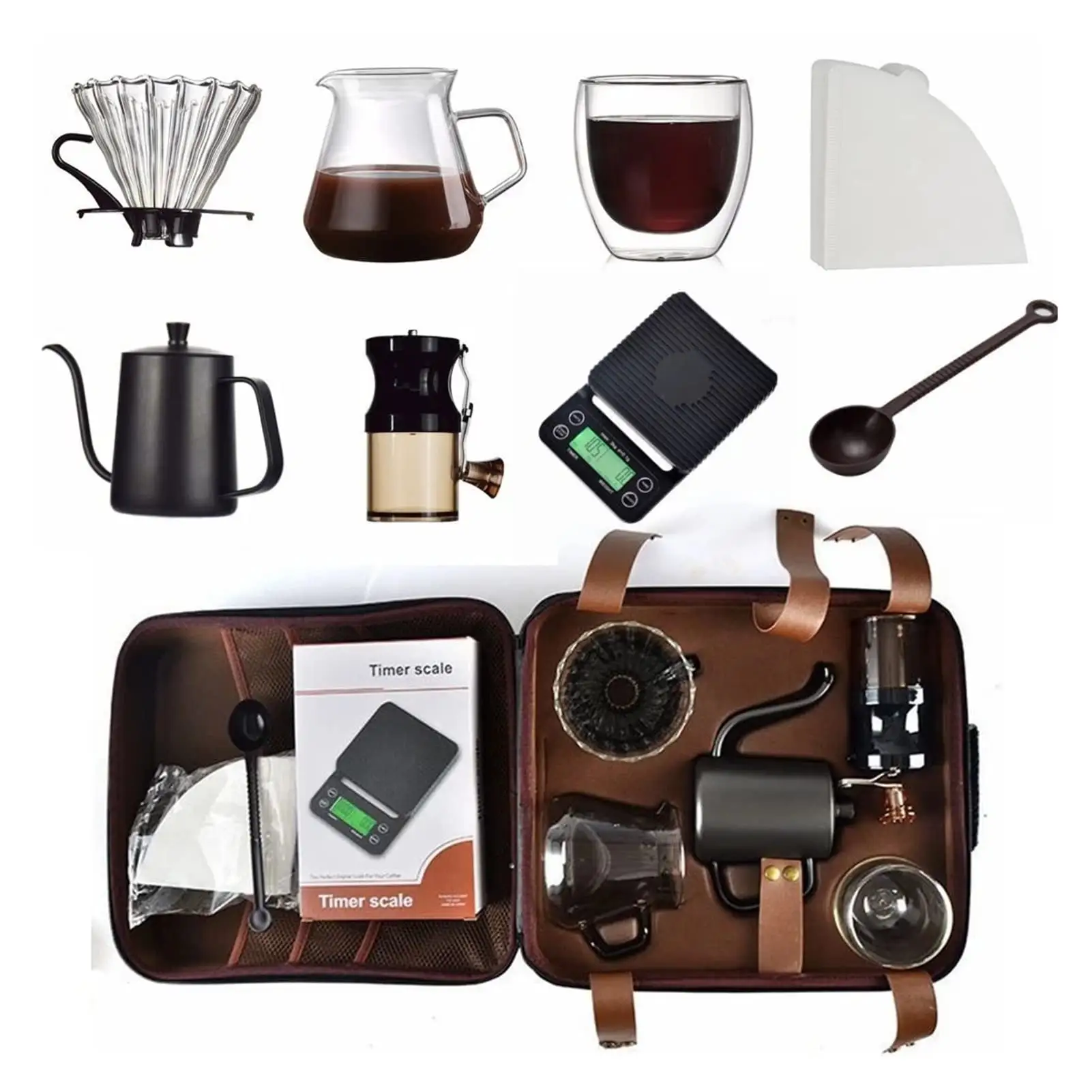 Portable Pour Over Coffee Maker Gift Set All in 1 Coffee Hand Brewed Brewing Accessories Tools Server of Coffee Set travel Bag