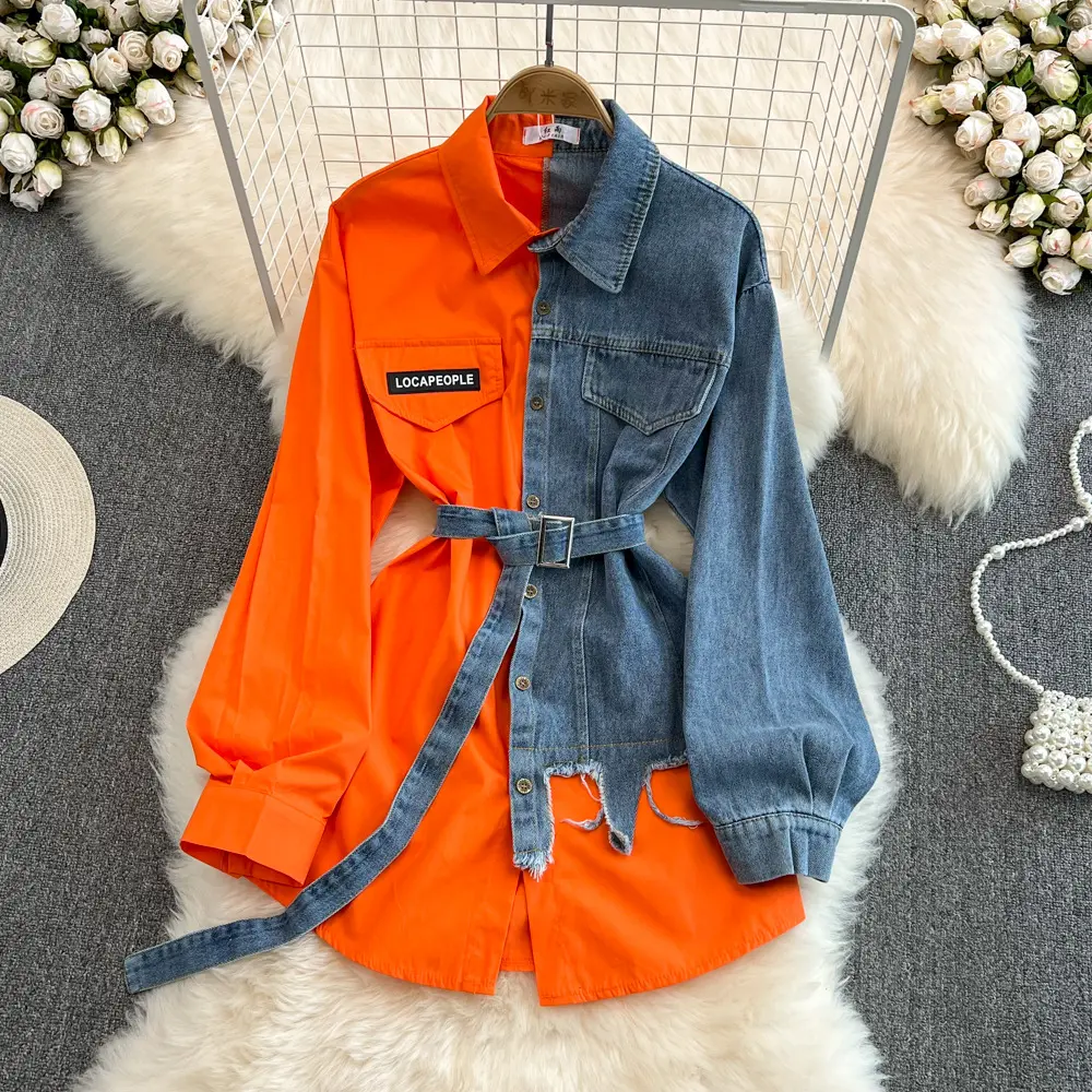 Femmes Mode Splicing Lapel Dress Nouveau Style Coréen Asymétrique Femmes Long Jeans Denim Top Shirt Ladies' Blouses