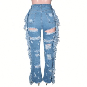 Fashionable Street Trend Women's Plus Size Pants Casual Hole Fringe Frayed Denim <strong>Jeans</strong> - Product Image 5