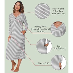Vente en gros de chemises de nuit pour femmes à manches longues et col en V, vêtements de nuit doux en viscose de bambou avec poches, tailles S à XXL - Product Image 5