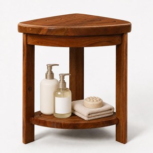 Tabouret de salle de bain triangulaire en teck, double niveau, siège de douche en bois massif, banc de rangement d'angle, chaise basse - Product Image 1
