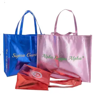 カスタムロゴレーザーメタリックラミネート不織布女性虹色のギフトショッピングバッグ布ショップ用ホログラフィックトートバッグ