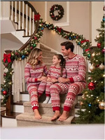 Set Pakaian Natal Eropa Amerika Motif Kotak-kotak Satin Bernapas untuk Orang Tua dan Anak dengan Pinggang Elastis, Laris untuk Pakaian Rumah Musim Dingin