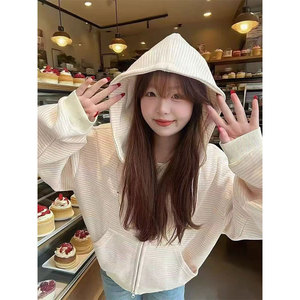 Gray And Pink Striped Hooded Sweatshirt Women Zipper Knitted Breathable Loose Fit Early Autumn 2025 New Style - Product Image 4