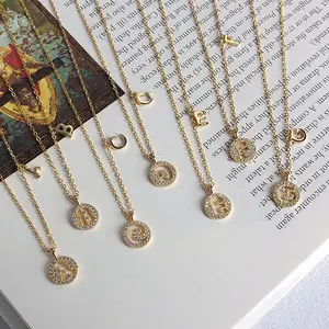 Collares Mujer A-Z Rose Or Plaqué En Argent Sterling Zircon Iced Out Bling Coin Creux Alphabet Lettre Initiale Pendentif Colliers