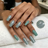Faux ongles à presser vert sauge, longs, carrés, à paillettes, qualité salon, réutilisables, avec logo personnalisé, vente en gros