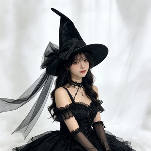 Gothic Witch <b>Hat</b> with Oversized Tulle Bow Halloween Wizard Cap Dark Lolita Headpiece for Cosplay - Product Image 4